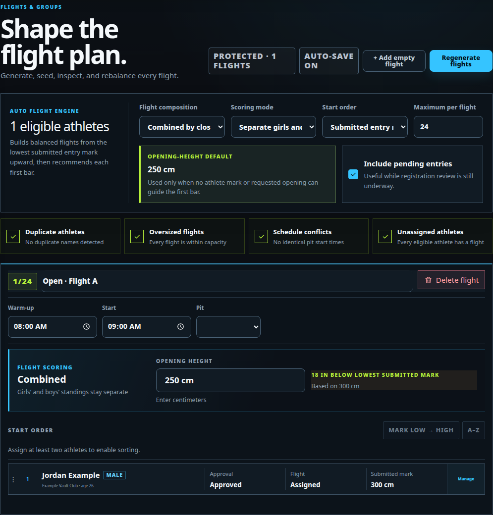 VAULTmeet Host flight builder showing saved flights and automatic flight controls